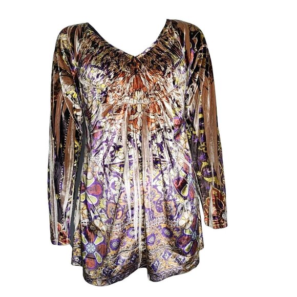 ONE WORLD Purple Orange Sublimation Long Sleeve Velvet Velour Top Womens XL - Picture 1 of 8